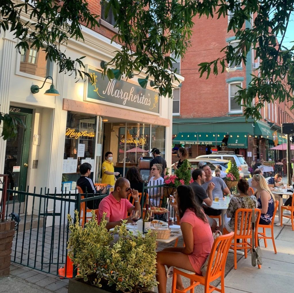 Restaurant row on Washington Street in Hoboken during evening hours