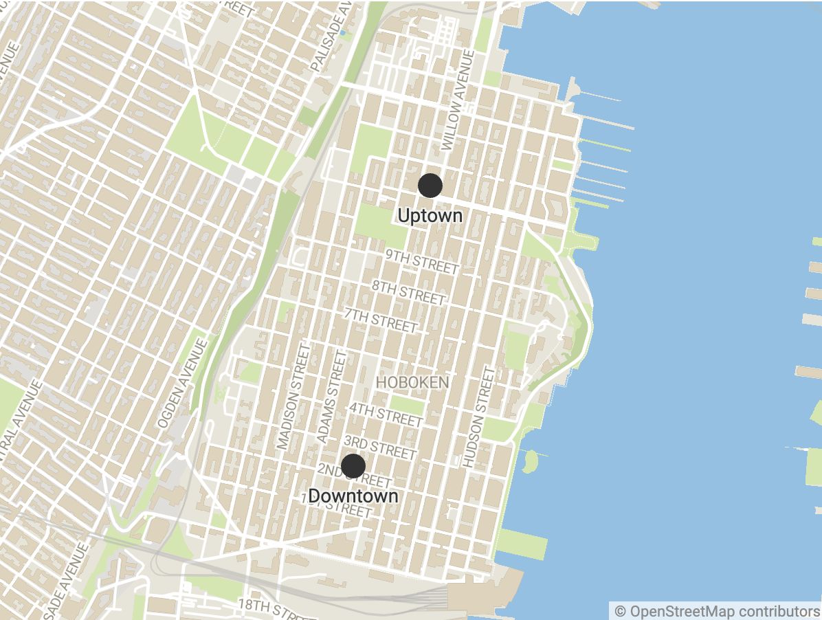 Map of Hoboken neighborhoods showing Downtown, Uptown, Waterfront, and West Hoboken boundaries