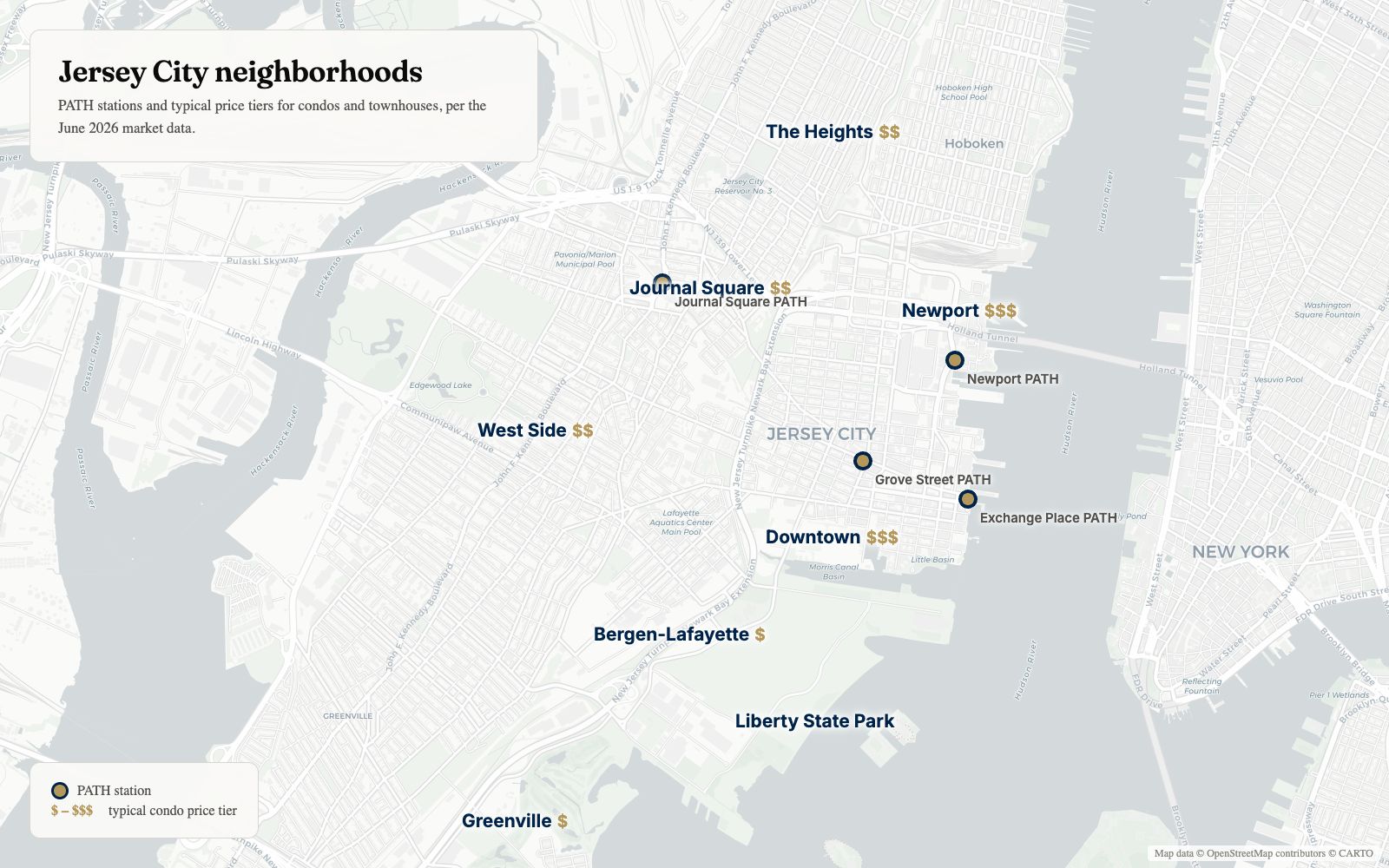 Map of Jersey City neighborhoods including Downtown, Journal Square, The Heights, and Greenville
