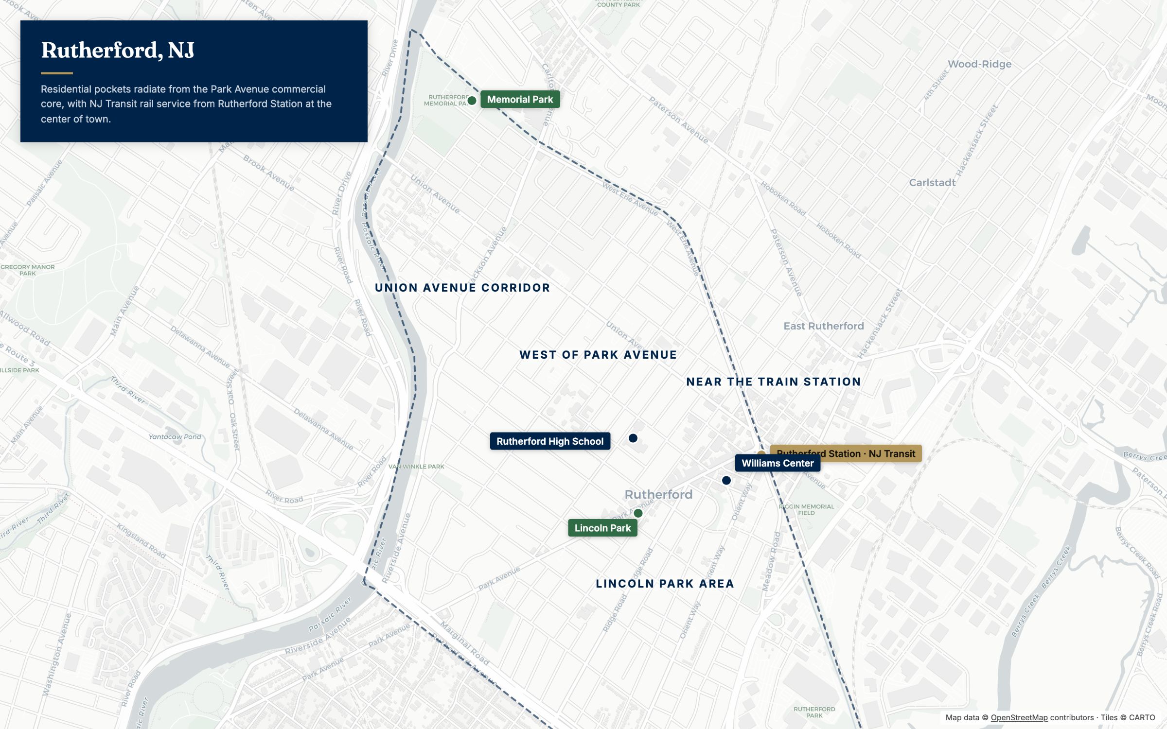 Map of Rutherford NJ showing major streets and neighborhood areas