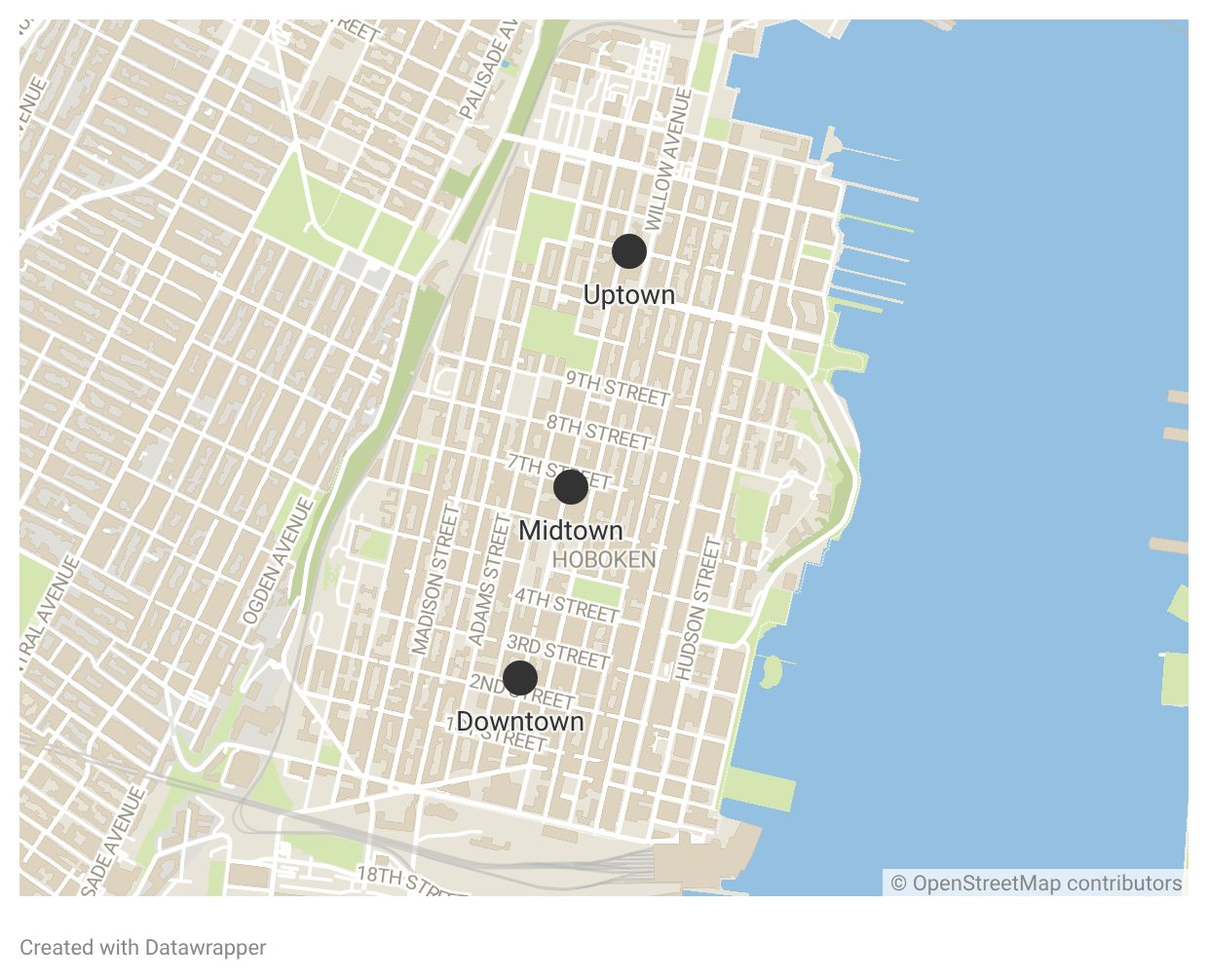 Map of Hoboken showing Downtown, Midtown, and Uptown areas
